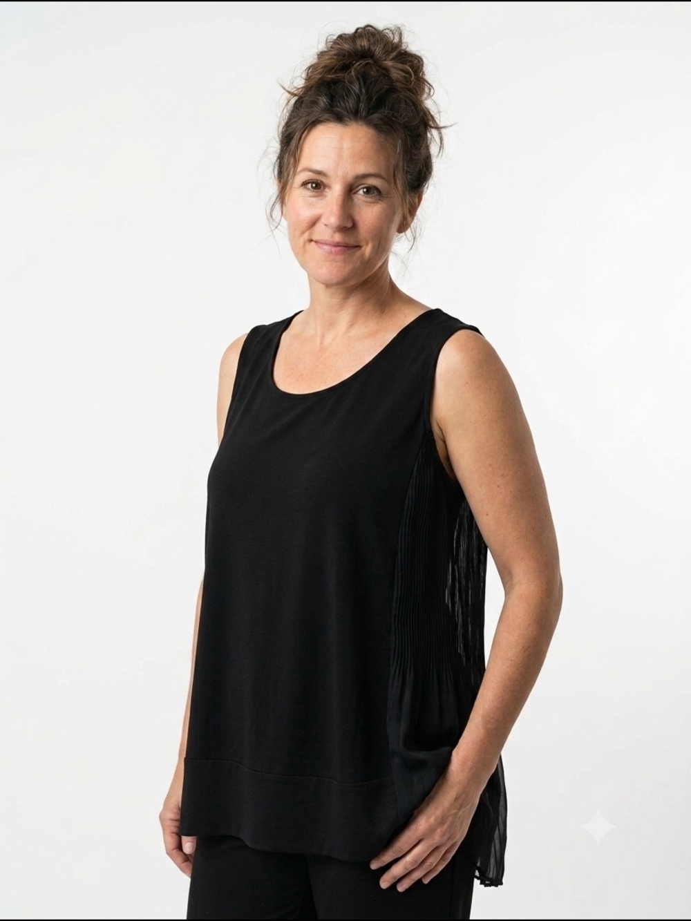 Michel Studio Black‎ Sheer Pleated-Back Sleeveless Tank Dark Feminine